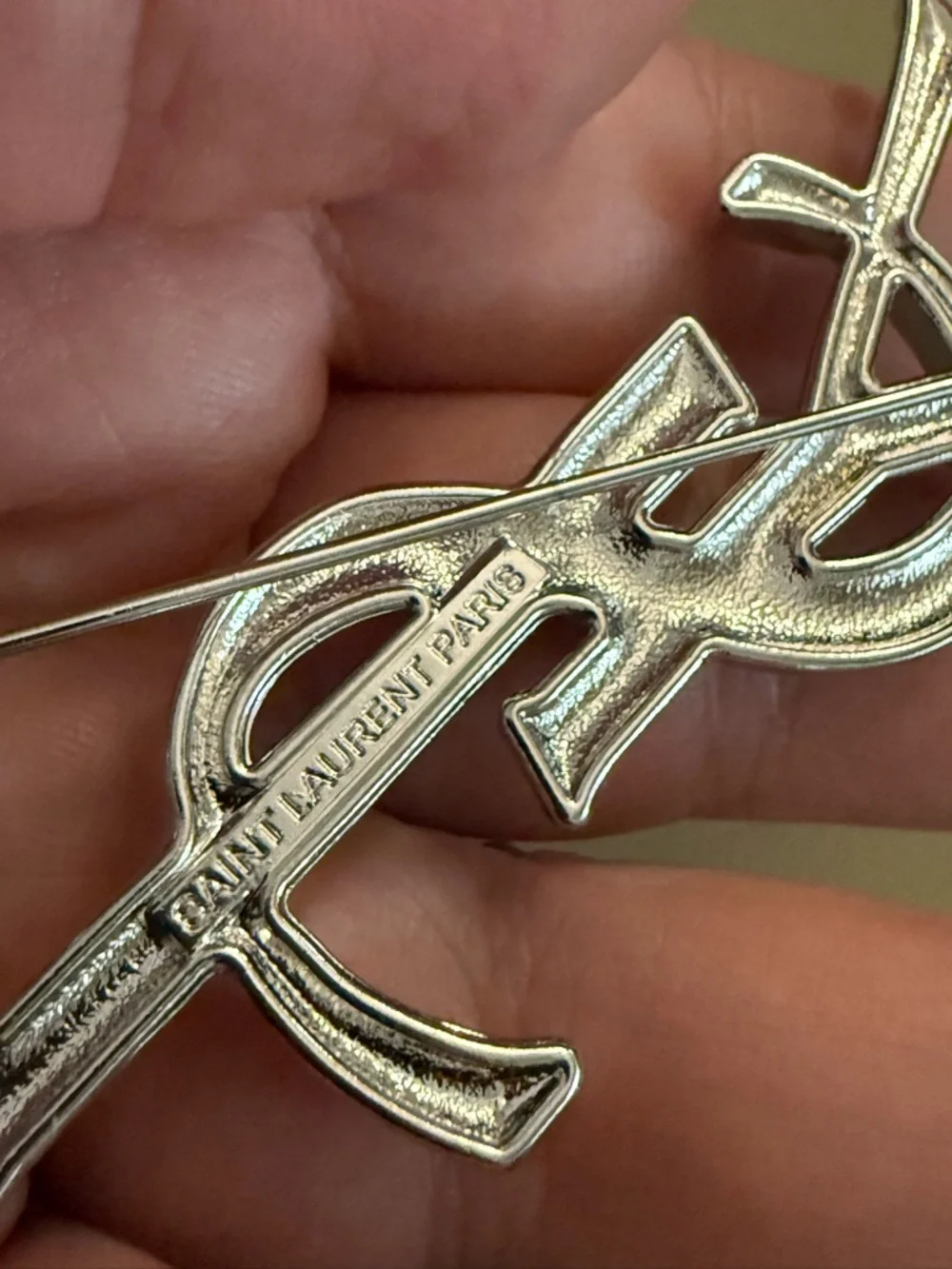 Brand new Saint Laurent brooch YSL Interlocking Logo Silver tone no box - Picture 7 of 8